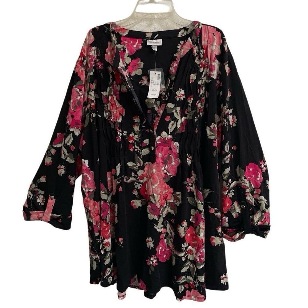 Avenue Black/Pink Floral V Neck Roll Tab Sleeves Blouse Women’s 26 Stretch Tunic